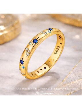Celestial Blue & White Zircon Gold-Plated 925 Silver Ring Sizes 6, 7, 9 NWT